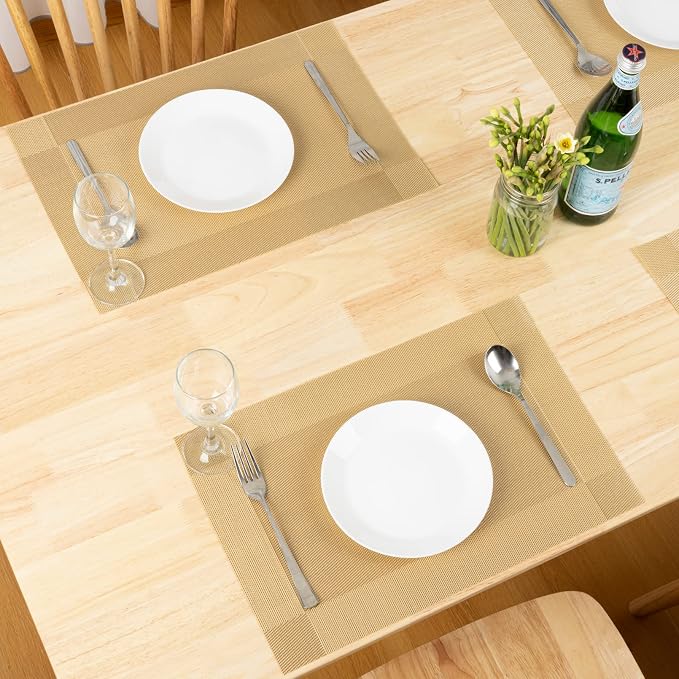 Winknowl Placemats Set of 8, Washable Vinyl Woven Placemats, Heat Resistant & Wipeable Table Mats for Kitchen Dining Table (Golden)