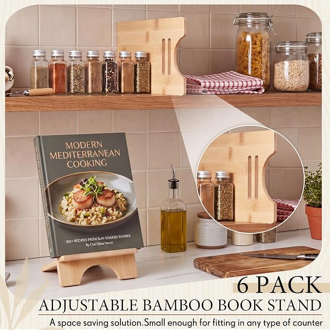 Novabright 6 Pack Adjustable Bamboo Cookbook Stand for Kitchen Counter 8 x 5 Inch Wooden Cookbook Holder for Recipe Book, Tablet, Reading, Desk Magazine Display Rack for Home Office Kitchen