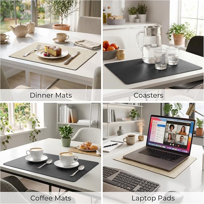 Romanstile Vinyl Placemats Set of 4, Reversible Faux Leather Heat Resistant Wipeable Table Mats, Waterproof Washable Non-Slip Table Placemats for Dining/Kitchen/Party/Outdoor (Black Beige, 12" x 17")