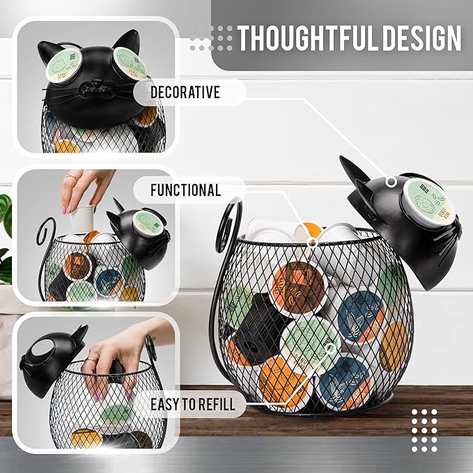 Made Easy Kit Cat Coffee Pod Holder Basket – Metal K-Cup Organizer for Countertop Coffee Bar – Cute Kitchen Décor Storage for Keurig Pods, Creamers & Capsules (25 Pod Capacity)