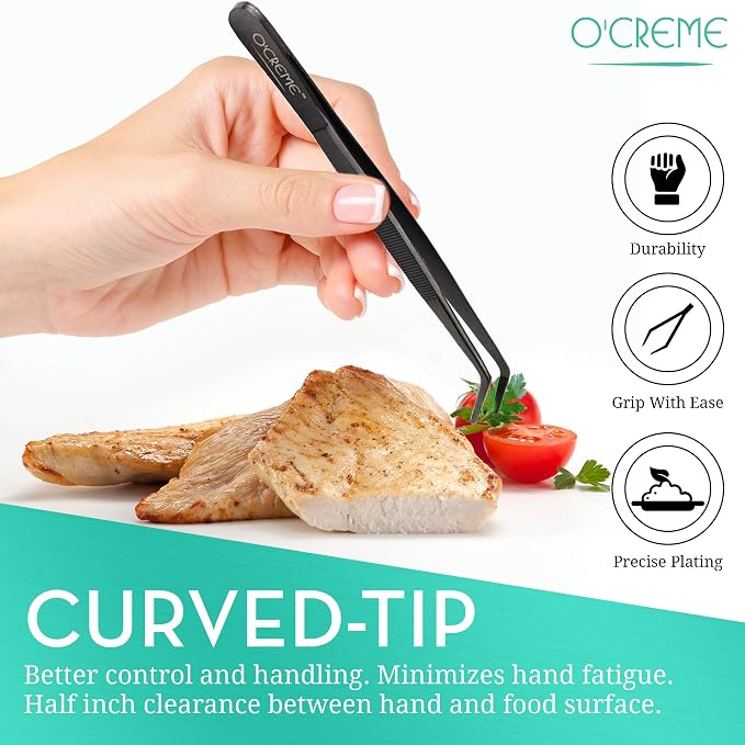 O'Creme Stainless Steel Precision Kitchen Culinary 8 Inch Tweezer Tongs (8" Curved, Black)