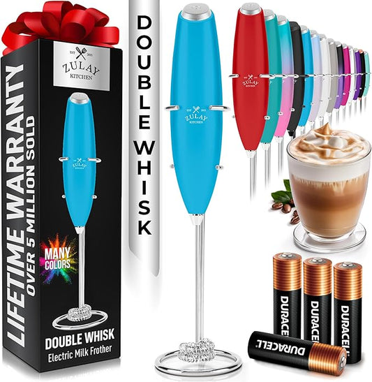Zulay Kitchen Powerful Milk Frother Wand With Duracell Batteries - Ultra Fast Handheld Drink Mixer - Electric Whisk Foam Maker for Coffee, Lattes, Cappuccino & Matcha - Double Whisk - Teal
