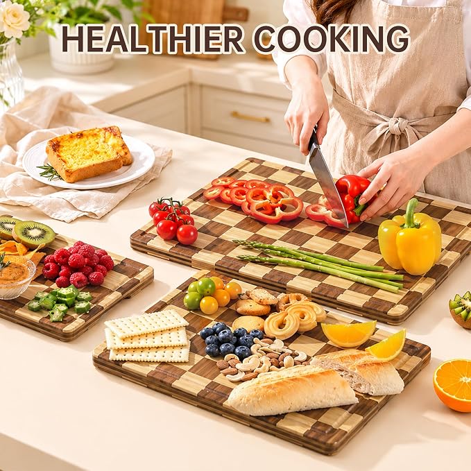 THETCHRY Bamboo Cutting Board Set, Checkered Wood Cutting Boards for Kitchen with Juice Groove, Non Toxic Wooden Charcuterie Boards, Non Slip Chopping Board for Meat Fruit Cheese, Housewarming Gift