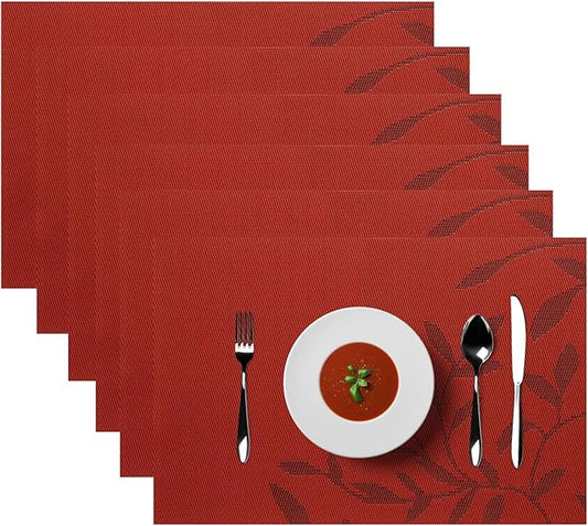 Placemats, Placemats for Dining Table Set of 4, Kitchen Table Mats Heat-Resistant Non-Slip Washable PVC Woven Vinyl Place Mats for Dining Room Table Decoration (Set of 6, Red Leaf)