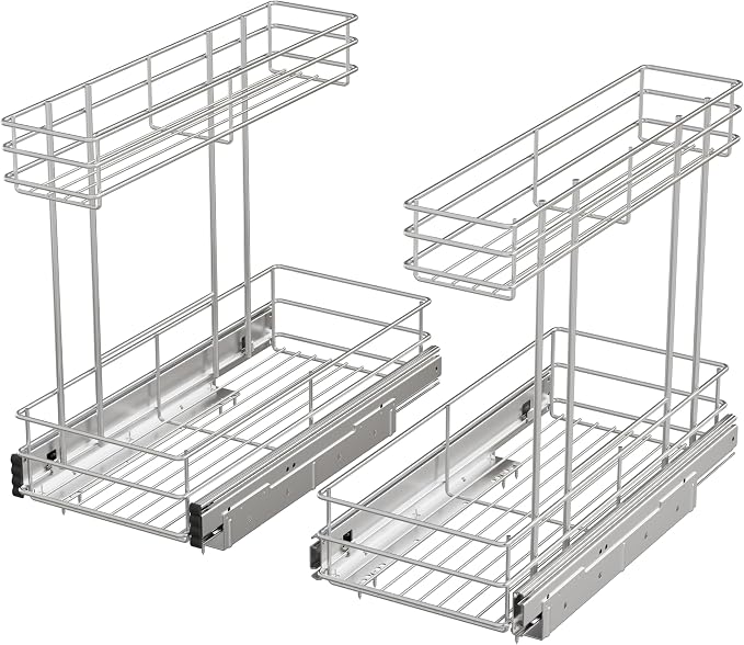 Under Sink Organizer 2 Packs, Pull Out Cabinet Organizer 2 Tier, Under Sink Slide Out Organizer Chrome Plated, Under Kitchen Bathroom Sink Organizer, Pantry Cabinet Closet Organization Rack, 9"W X19"D