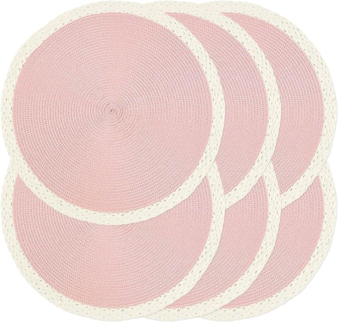Noctiflorous Braided Round Placemats Set of 6, 15 Inch Woven Table Mats, Non-Slip Washable Place Mats for Kitchen Dining Table Decor (Mint Pink, 6)