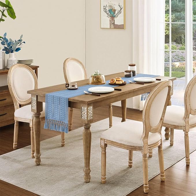 Niviy Boho Table Runner for Blue Tassel Home Decor 108 Inches Long, Modern Farmhouse Decor Rustic Macrame Cotton Linen Woven Coffee Table Runners for Dining Table Decoration, Blue