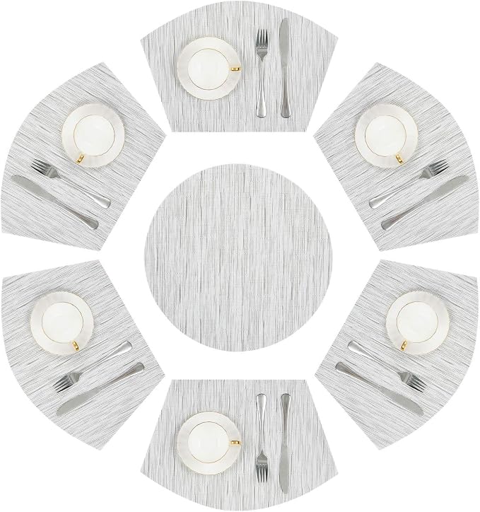 SHACOS Round Table Placemats Set of 7 Wedge Shaped Place Mat with Round Centerpiece Mat Heat Resistant Table Mats Washable (7, Gray White)