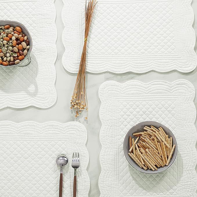 HOMBYS Quilted Placemats Set of 6 Washable-13x18 inches Rectangular Placemats for Kitchen Table-100% Cotton Fabric Rectangular Table Mats, (Cream White)