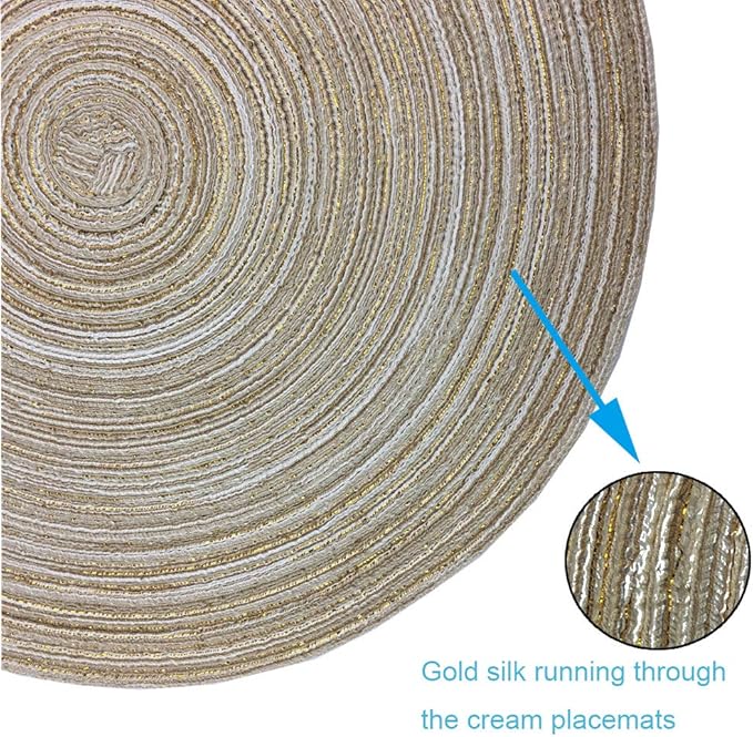 WAZAIGUR Red-A，Placemats,Round Placemats for Dining Table Set of 6 Woven Heat Resistant Non-Slip Kitchen Table Mats Diameter 14 Inch(Cream with Golden Silk)