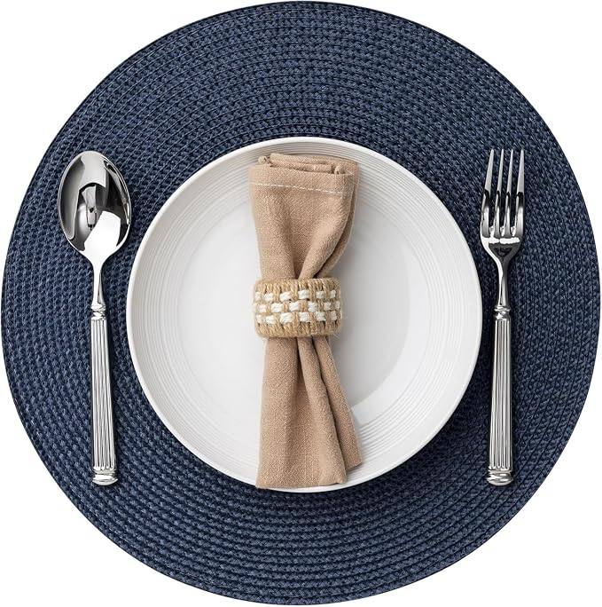Baroyal Round Placemats Set of 4 Plastic Woven Placemats Washable Wipeable Table Mats for Dining Table Heat Resistant Non-Slip Circle Place Mats (Navy Blue)