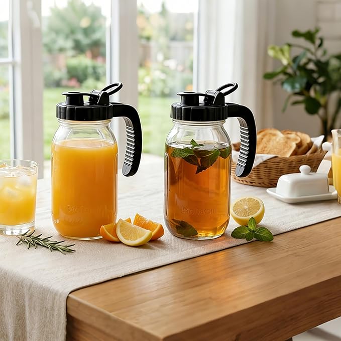 Glass Mason Jars Pitcher Half Gallon With Pour Spout Lid (2 Set) 2 Quart Wide Mouth Fridge Breast Milk Pitcher Airtight Leak Proof 64 oz Jug With Top Flip Cap For Cold Brew Coffee, Iced Tea, Beverage
