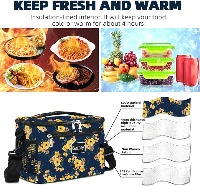 BEIMILY Lunch Box for Men/Women, Small Insulated Lunch Bag, Leak-Proof Soft Cooler Tote Bag, Reusable LunchBox for Work, Travel,Picnic with Adjustable Shoulder Strap for Adults(floral yellow)