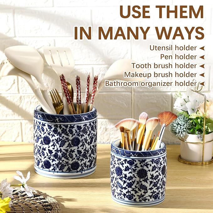 SiliFine 2 Pcs Blue and White Kitchen Utensil Holder 5"+6.1" Ceramic Kitchen Cooking Holder for Countertop Large Utensil Crock for Home Decor Parties Chinoiserie Blue