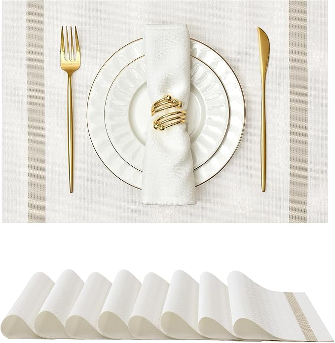 Leetaltree White Vinyl Woven Placemats Set of 8 - Washable Dining Table Placemats Striped, Suitable for Wedding, Anniversary, Daily Use - Table Decor