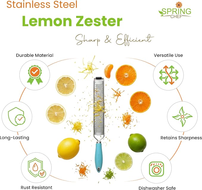 Spring Chef Stainless Steel Lemon Zester Grater with Handle - Garlic, Cheese, Parmesan, Nutmeg, Lime, Ginger Grater - Heavy Duty Kitchen Tool - Citrus Zester with Blade Cover - Fine Shred - Aqua Sky