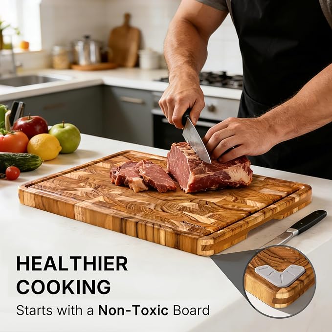 Teak Wood End Grain Cutting Board for Kitchen with Non-slip Feet, Heavy Duty Checkered Cutting Board Handcrafted Luxury Chopping Board for Cooking and Serving Wooden Butcher Block Non Toxic
