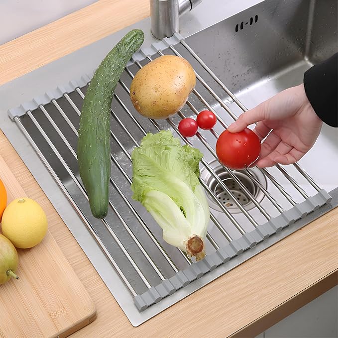 JAYWAYNE Roll Up Dish Drying Rack, Heavy Duty Stainless Steel Over The Sink Drainer, Foldable Space Saver with Heat Resistant Trivet Mat, 17.5 x 14 Inch