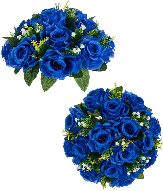 BLOSMON Blue Flowers Artificial for Decoration: 2 Pcs Fake Roses Flower Balls Centerpiece for Wedding Table - Silk Kissing Bouquet with Base Floral Arrangement for Home Party Event Decor