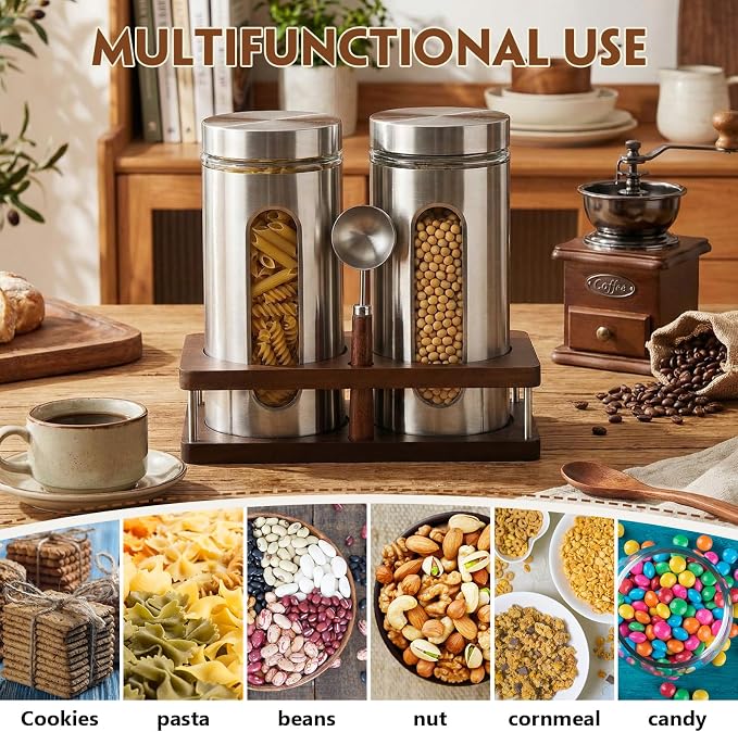 Suclain Stainless Steel Coffee Grounds Canisters with Shelf 2 x 50oz Sugar Coffee Bean Storage Container with Airtight Threaded Lid Glass Window Scoop Kitchen Jar Set for Bar Creamer Nut Tea