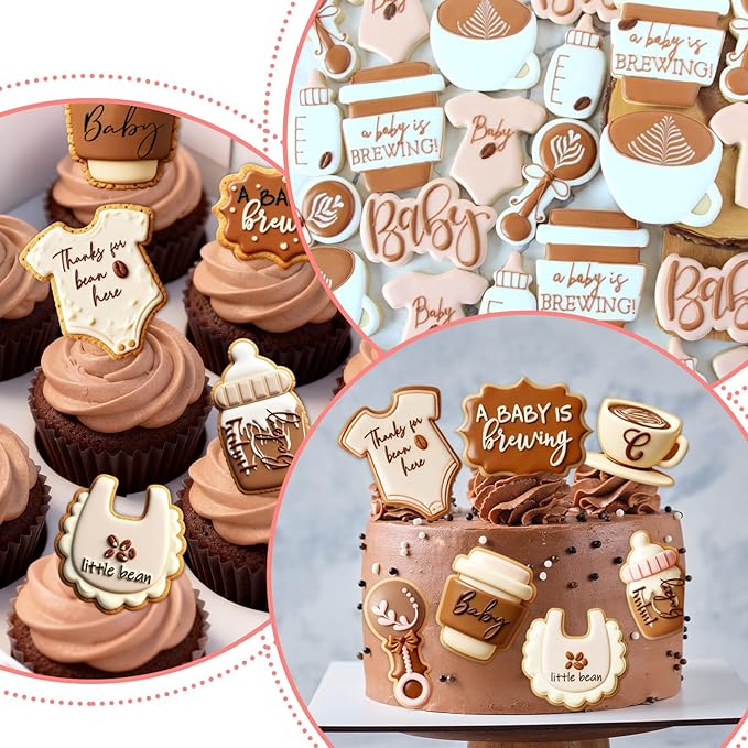 JarThenaAMCS 7Pcs Coffee Baby Shower Cookie Cutters Set Onesie, Bottle, Bib, Rattle Biscuit Cutter A Baby is Brewing Stainless Steel Cookie Cutters Molds for Gender Reveal Birthday Party Decorations