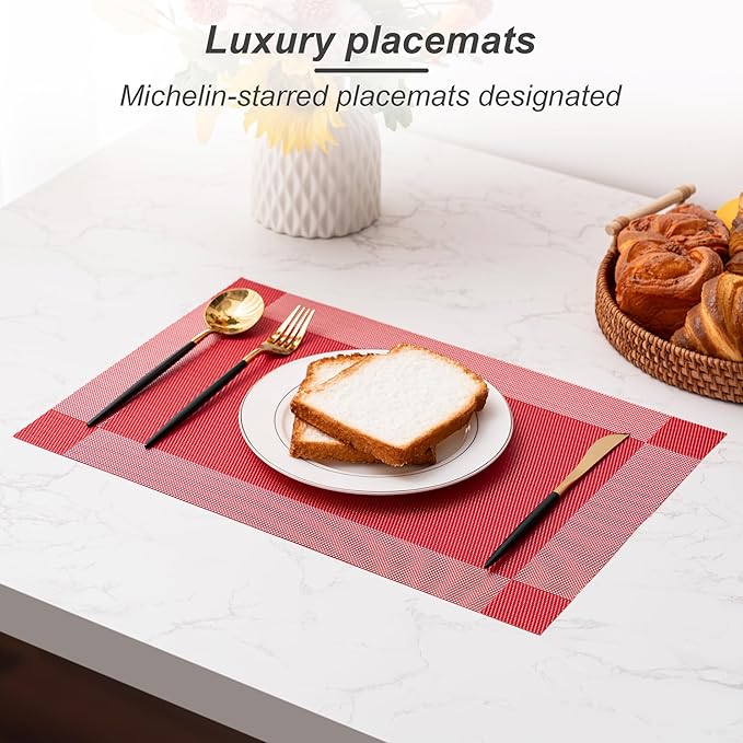 CADONO Placemats Set of 6 Washable Indoor/Outdoor Vinyl Place Mats for Dining Table Durable Non-Slip Heat Resistant PVC Weave Table Mats（Four-Corner-Red）