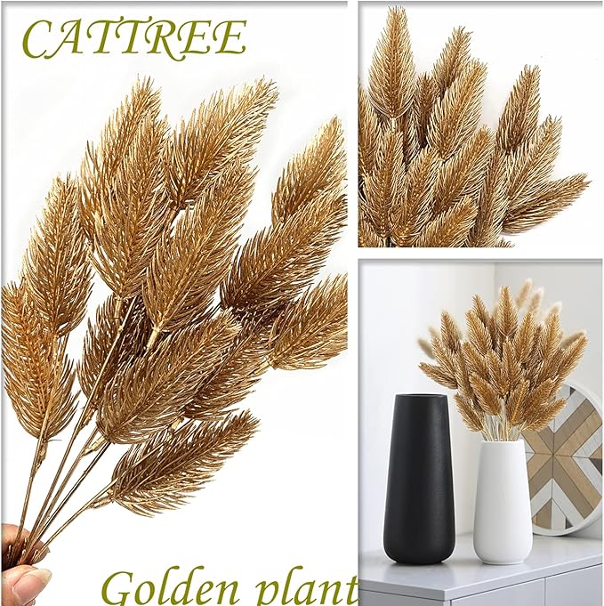 CATTREE Artificial Gold Plants Plastic Fake Grass Faux Shrubs Simulation Bushes Home Indoor Outdoor Garden Leaves Wedding Festival Decoration Hall Table Planter Filler – Golden Pine Cones 4 Pack