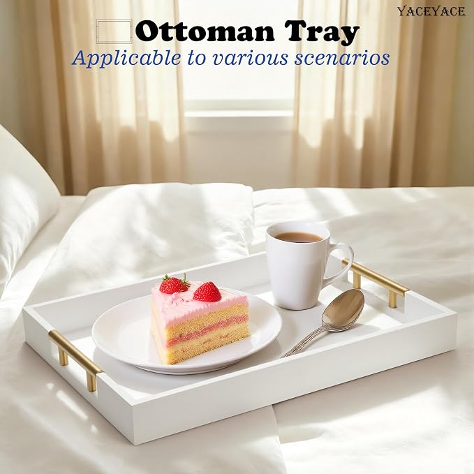 White Serving Tray with Metal Handles, 15.75" x 11.8" x 1.7" Wood Serving Tray for Ottoman Coffee Table, Kitchen Counter, Food, Bathroom