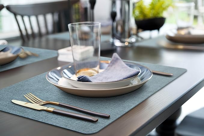 More Décor Faux Leather Placemats Set of 6 for Dining Table – Waterproof, Wipeable, Washable, Stain & Heat Resistant, Non-Slip Table Mats – 12 X 17 Inch, Blue