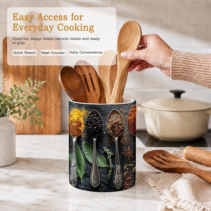 Ceramic Kitchen Utensil Holder for Countertop,Cooking Herbs Spices Large Utensil Crock for Kitchen Counter,Cooking Utensil Organizer for Spatulas,Spoons