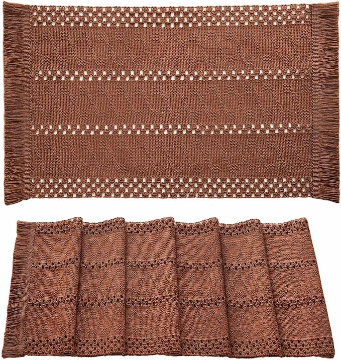 ZeeMart Macrame Style Boho Placemats Set of 6, Terracotta 12x20 Inch | Decorative Farmhouse Table Mats, Natural Cotton Woven Place Mats, Bohemian Home Decor for Kitchen Dining Table