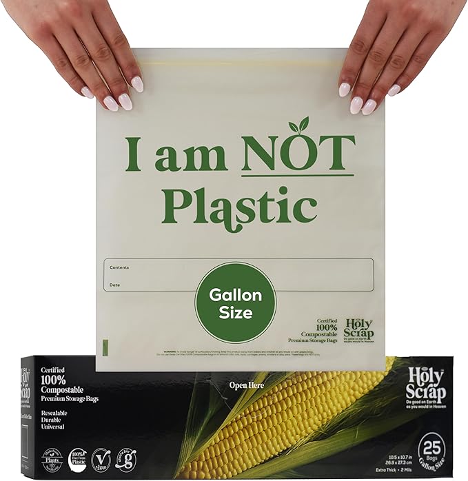 100% Compostable Food Storage Bags 1 GALLON Size - 25 Pack - Resealable Extra Strength Zip Seal Bags Made from Plants, Eco Friendly, Freezer Safe - BPI Certified, OK Compost Home