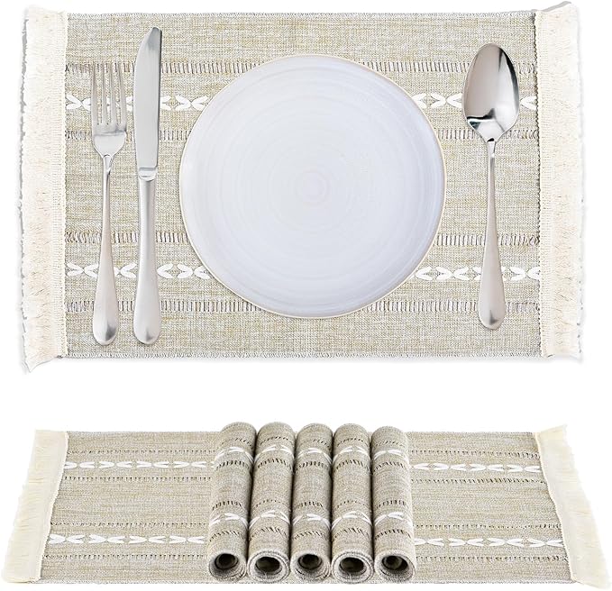 Placemats Set of 6, Boho Hemstitch Place Mats with Fringe, Washable Cotton Linen Table Mats for Dining Table, Rustic Farmhouse Kitchen Decor Home Decor