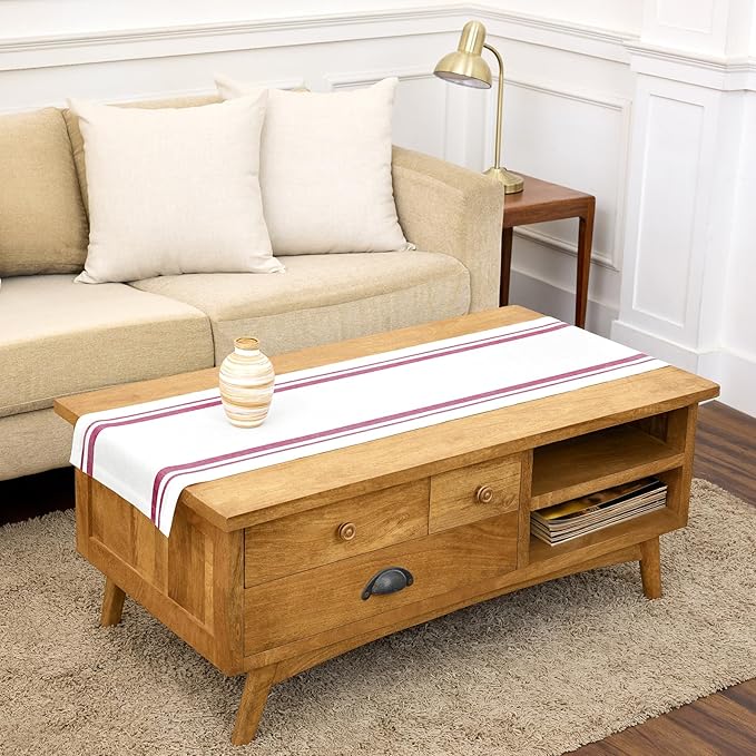 Solino Home Linen Table Runner 48 Inches - French Stripe, 100% Pure Linen Burgundy and White Farmhouse Table Runner 14 x 48 Inch Ideal for Dresser and Coffee Tables