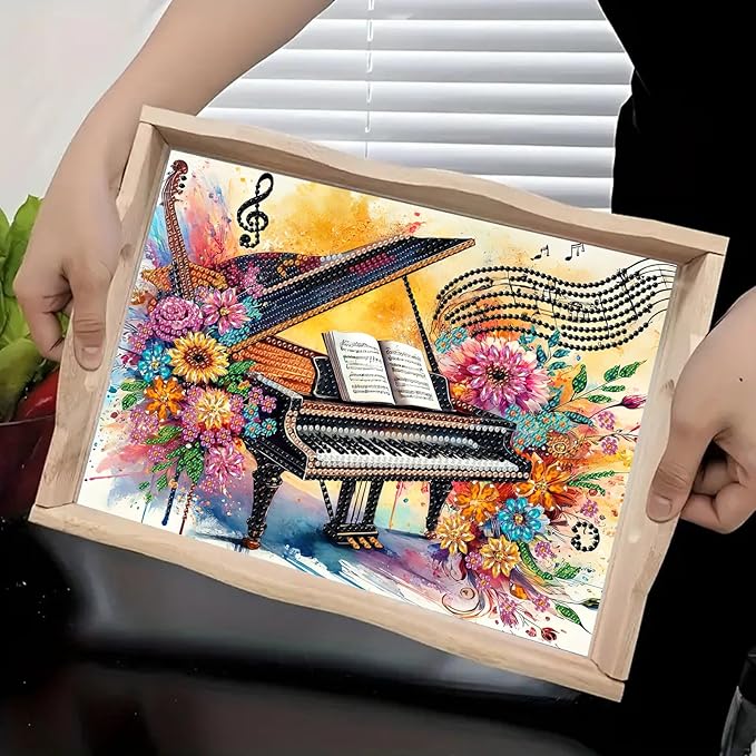 BAYUNOE DIY Diamond Serving Tray Rectangular Breakfast Tray with Handle Handmade Diamond Art Painting Wooden Tray Spring Creative Dinner Plate Coffee Room Living Home Organizer-Piano