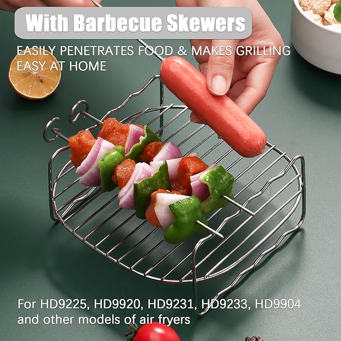 Air Fryer Baking Tray, Non-Stick Stainless Steel BBQ Rack, Double Layer Skewers Baking Tray, Round Air Fryer Rack, Cooling and Steaming Rack Basket for Baking, Grilling & Roasting