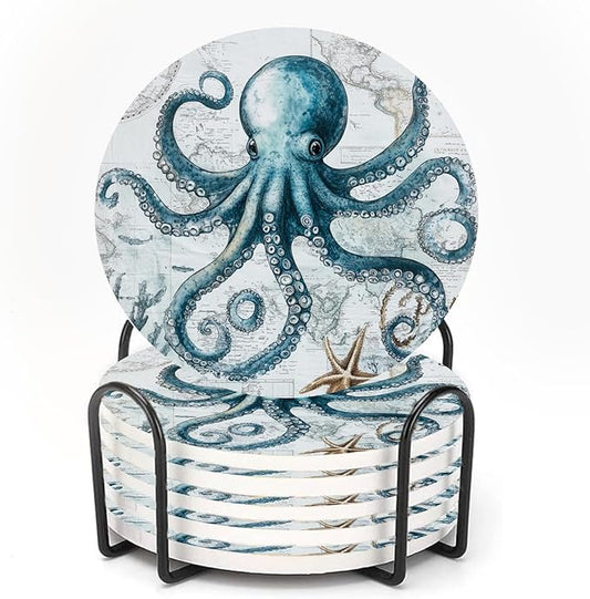 Unique Octopus World Map Nautical Coasters for Drinks Set of 6, Round Absorbent Ceramic Stone Coaster with Metal Holder and Cork Base for Coffee Table Parties Desk Kitchen Home Decor Gifts