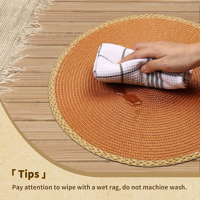 Noctiflorous Braided Round Placemats Set of 4, 15 Inch Woven Table Mats, Non-Slip Washable Thin Edge Place Mats for Kitchen Dining Table Decor (Orange, 4)