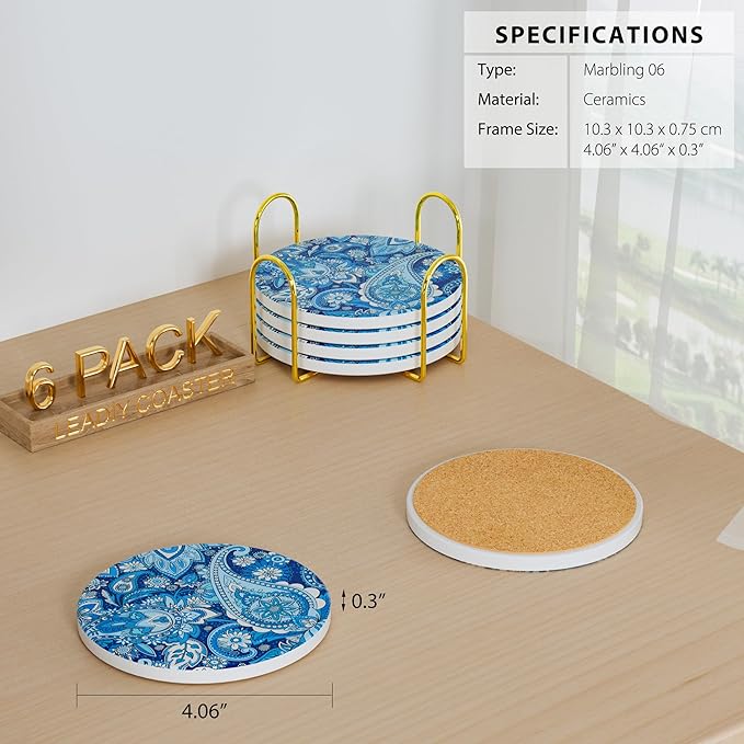 6Pcs/Set Marble Abstract Ceramic Coasters with Holder, Absorbent Drink Coasters, Coffee Cup Coaster,Round Ceramic Table Coasters Set Decorative