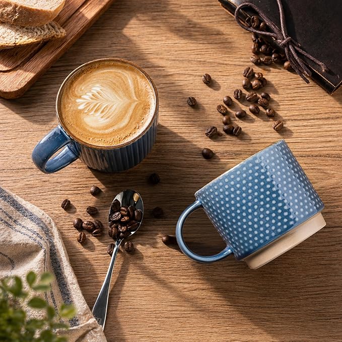 GBHOME 12 OZ Stackable Coffee Mugs, Ceramic Coffee Mugs with Texture Patterns for Man,Woman,Dad,Mom, Modern Coffee Cups Set of 4 for Latte/Cappuccino/Cocoa. Dishwasher&Microwave Safe