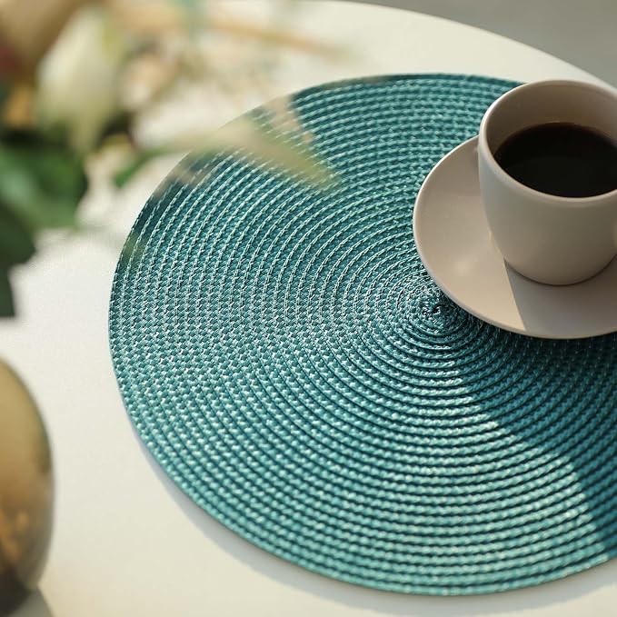 FunWheat Round Braided Placemats Set of 4 Place Mats for Dining Tables Woven Washable Non-Slip Table mats Small 13 inch(S Teal, 4pcs)