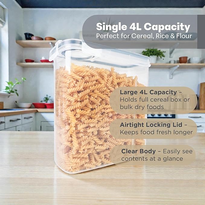 4 Pack Stackable Airtight Food Storage Containers (4L/135.2 oz) with Lids, Labels & Marker, BPA-Free Leakproof Pantry Organization for Cereal, Flour, Rice & Dry Food