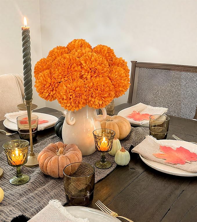 Briful 12 Pcs Artificial Orange Chrysanthemum Stems – 11” Tall Silk Mums Flower Heads with Green Leaves, Flexible Stems for Fall Floral Pick Arrangements, Home, Wedding & Seasonal Decorations