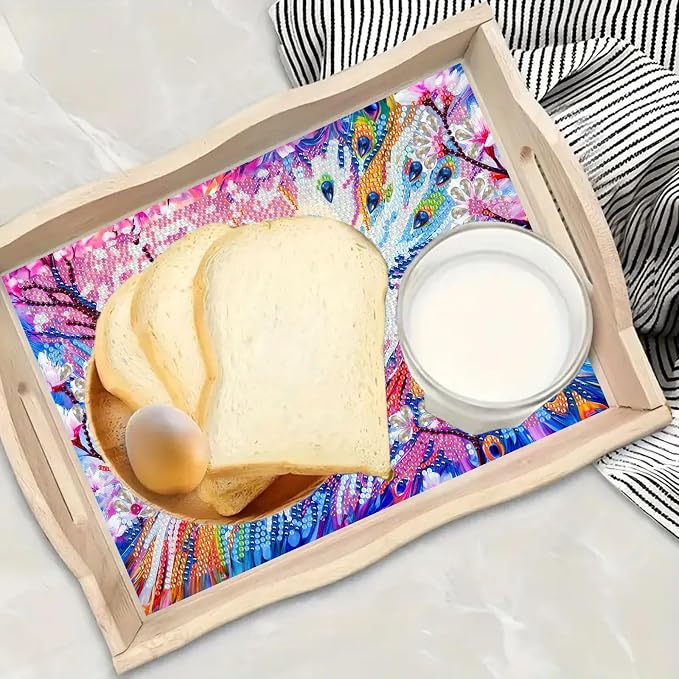 DIY Diamond Serving Tray Rectangular Wooden Breakfast Tray with Handle Handmade Diamond Art Painting Spring Creative Dinner Plate Coffee Room Living Home Organizer-Peafowl