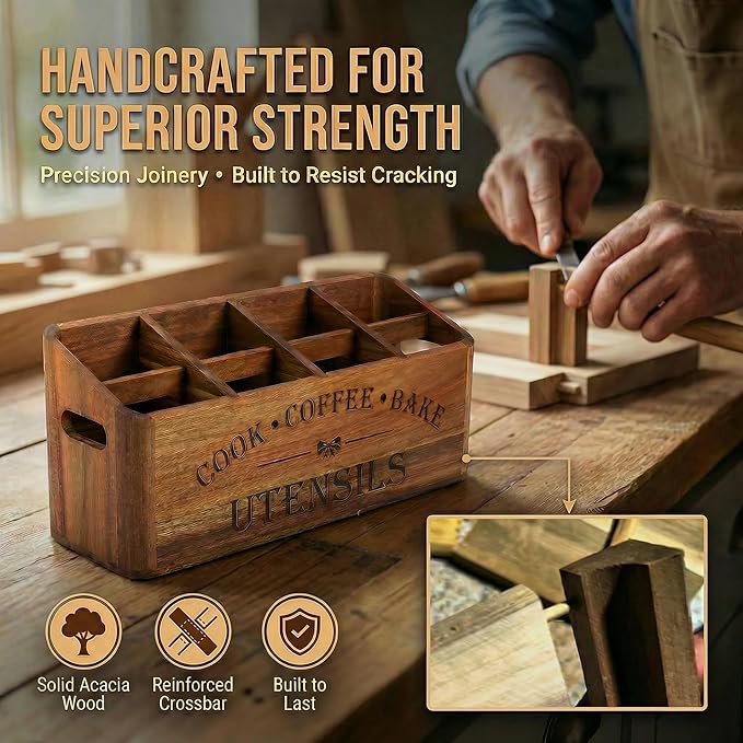 Wooden Kitchen Utensil Holder, Acacia Wood, Extra Large, 4-Compartment, Countertop Organizer, Wall Mount Option, Silverware Storage Caddy, Ventilation Holes & Non-Slip Pads (4 Compartments)