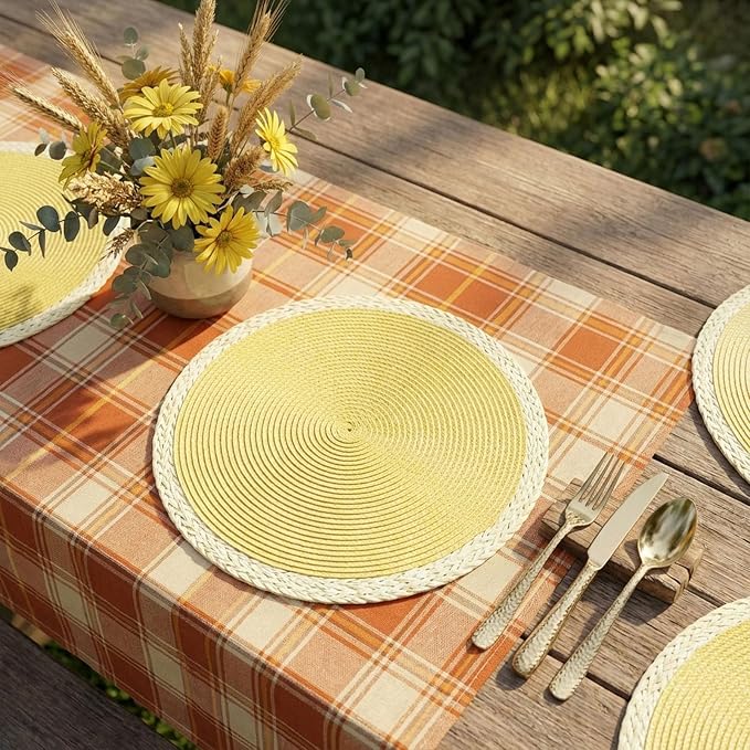 Noctiflorous Braided Round Placemats Set of 6, 15 Inch Woven Table Mats, Non-Slip Washable Place Mats for Kitchen Dining Table Decor (Mint Yellow, 6)
