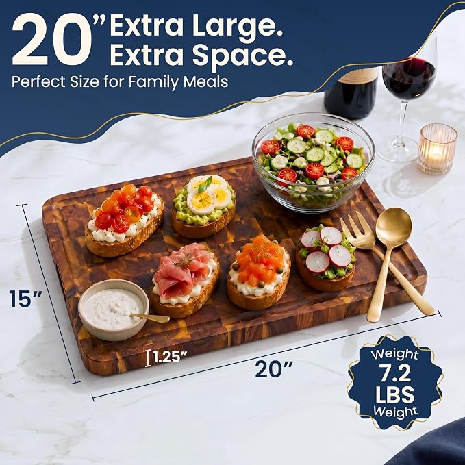 HOMESTEAD End Grain Acacia Wood Cutting Board 20x15x1.25, Reversible Butcher Block Board for Kitchen with Deep Juice Groove, Handles, Knife-Friendly Surface for Meat Chopping and Charcuterie Serving
