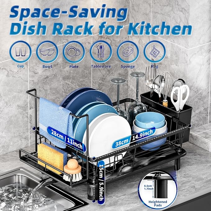 Dish Drying Rack, Stainless Steel-Dish Rack, Dish Racks for Kitchen Counter, Kitchen Dish Drainers with Removable Utensil Holder,New drain outlet,Plate Rack and Drainboard,(Black2 with Sponge Rack )