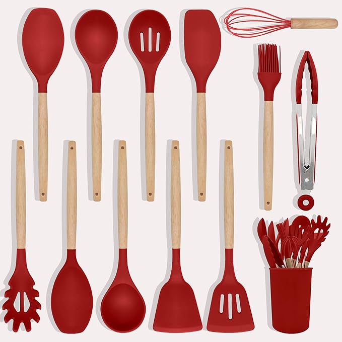 Kitchen Utensils Set 12 Pieces Nonstick Silicone Cooking Utensils Wood Handle Silicone Cooking Utensils Set with Holder Dishwasher Safe BPA Free(red)