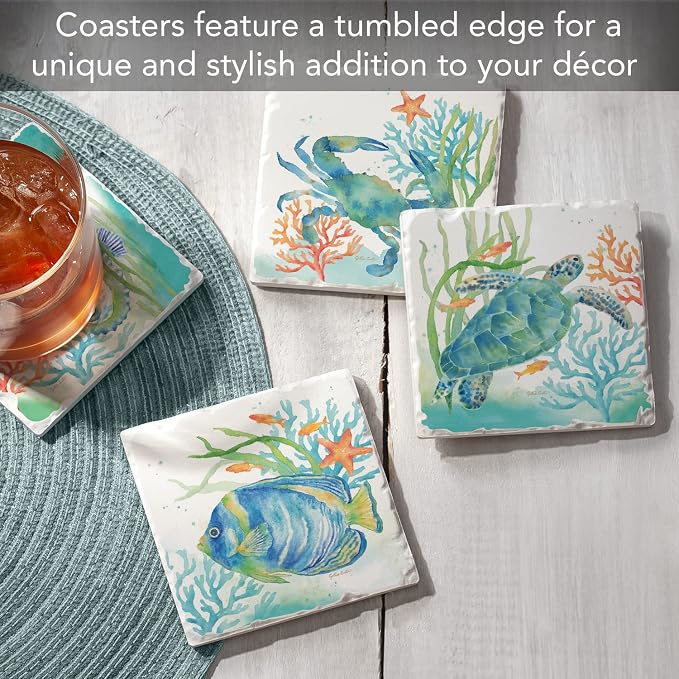 Thirstystone Sea Life Serenade 4 Pack Assorted Tumbled Tile Stone Coasters with Protective Cork Backing Manufactured in The USA Absorbent Easily Wipes Clean